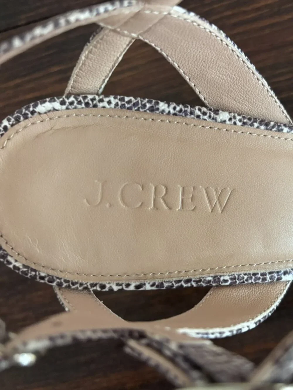 New J Crew 9 ankle trap block heel Sandals in lizard leather brown ivory H7328